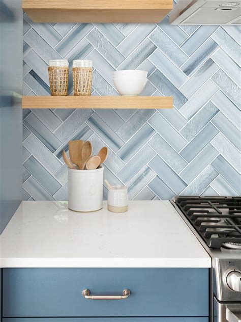 blue herringbone backsplash