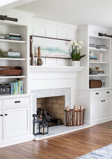 bookcase next to fireplace