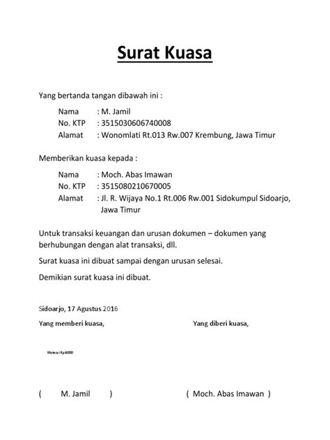 contoh surat kuasa sederhana