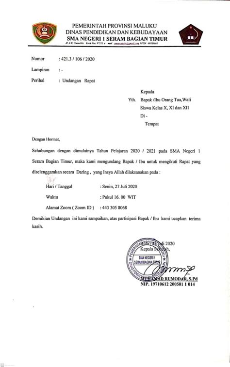 contoh surat undangan rapat orang tua