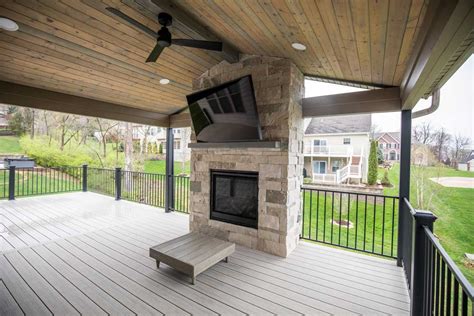 covered deck with fireplace