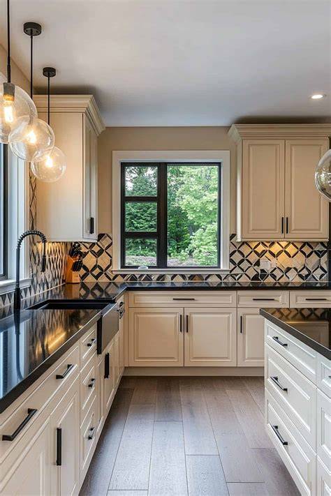 cream cabinets with black pulls