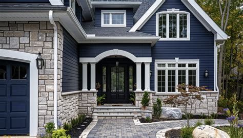 dark blue siding with brick