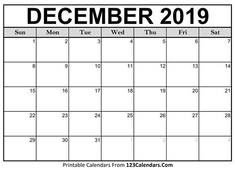 December Month Calendar Printable