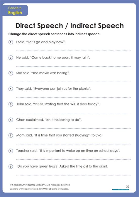 direct and indirect speech worksheet pdf