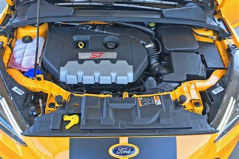 Ford Focus ST engine bay showcasing its powerful turbocharged engine and related components