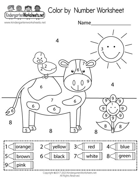 free color by number worksheets for kindergarten pdf