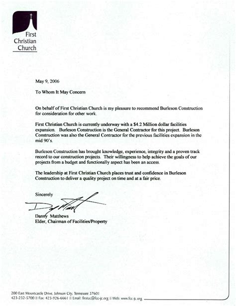 General Contractor Letter of Recommendation