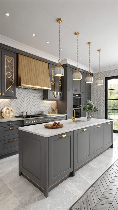 gray and gold kitchen