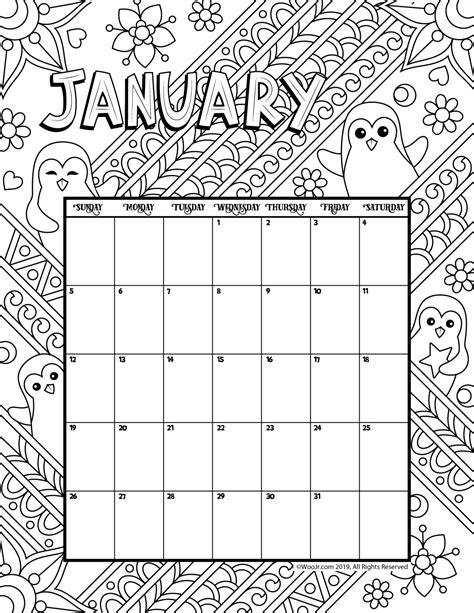 january calendar coloring pages