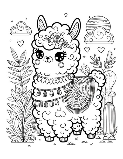 kawaii cute llama coloring pages