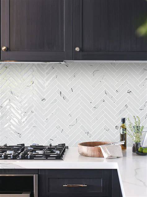 large white herringbone backsplash