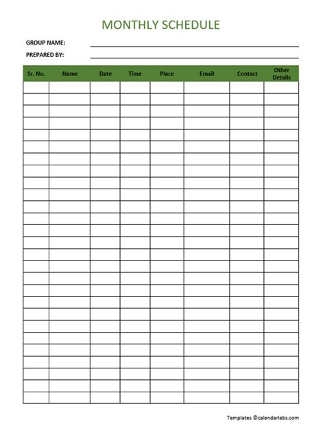Monthly Schedule Template Free