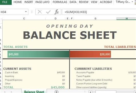 opening day balance sheet excel