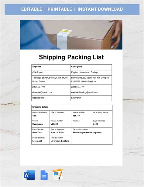 Packing List For Shipping Template