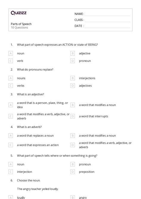 parts of speech worksheets 5th grade