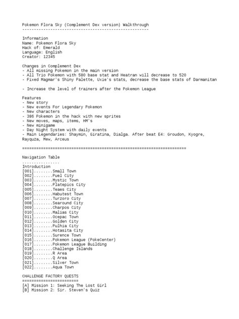 Pokemon Flora Sky Complement Dex Version Walkthrough