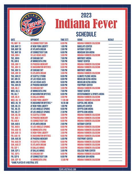 Printable Indiana Fever Schedule