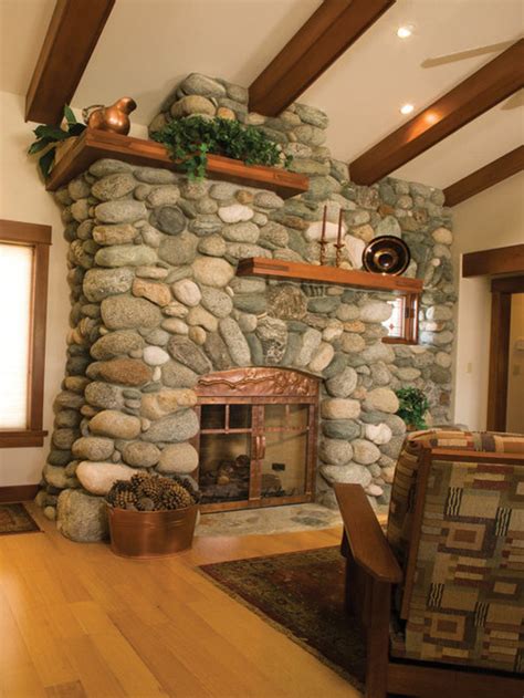 round stone fireplace