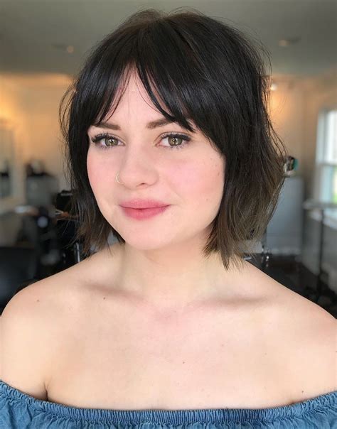 short hair round face with bangs