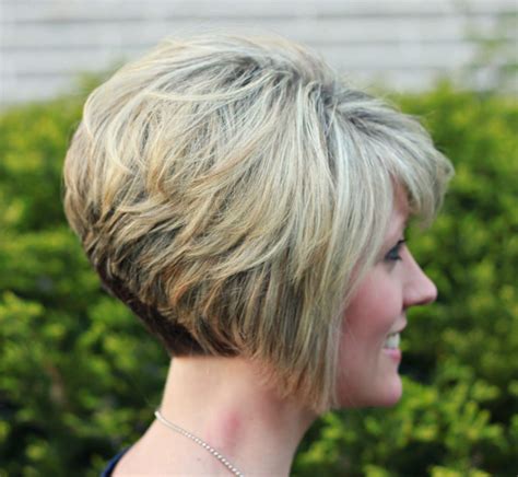 short stacked layered inverted bob with bangs