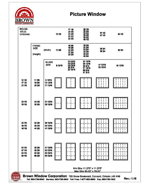 silverline window size chart