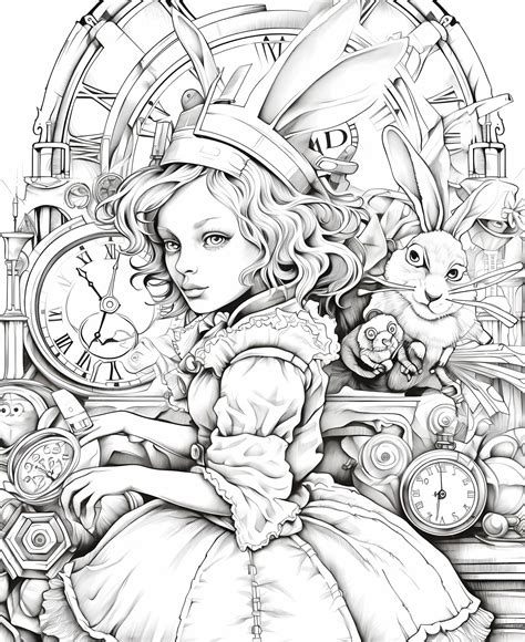 steampunk alice in wonderland coloring pages for adults