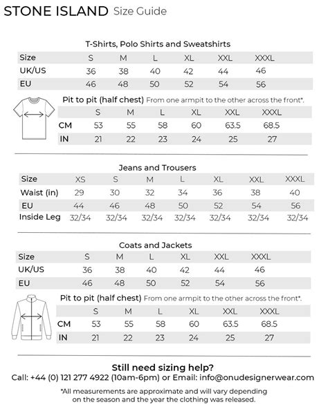 Stone Island Size Chart