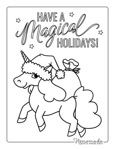 unicorn with santa hat coloring page