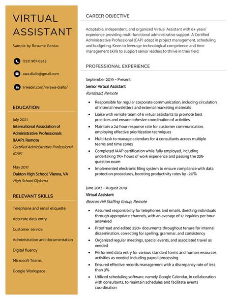 Virtual Assistant Resume Template