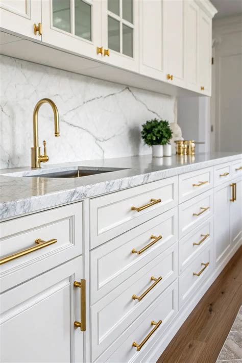 white kitchen with gold hardware
